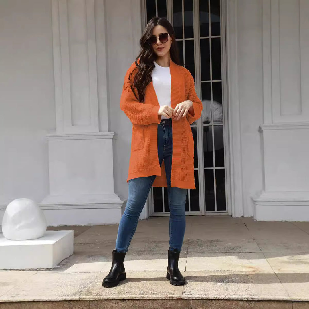 Damen lässiger Strickcardigan mit praktischen Taschen und offener Front EB