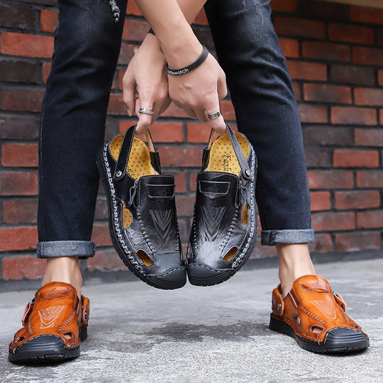 Herren luftige Leder-Sandalen mit verstellbarem Riemen EB