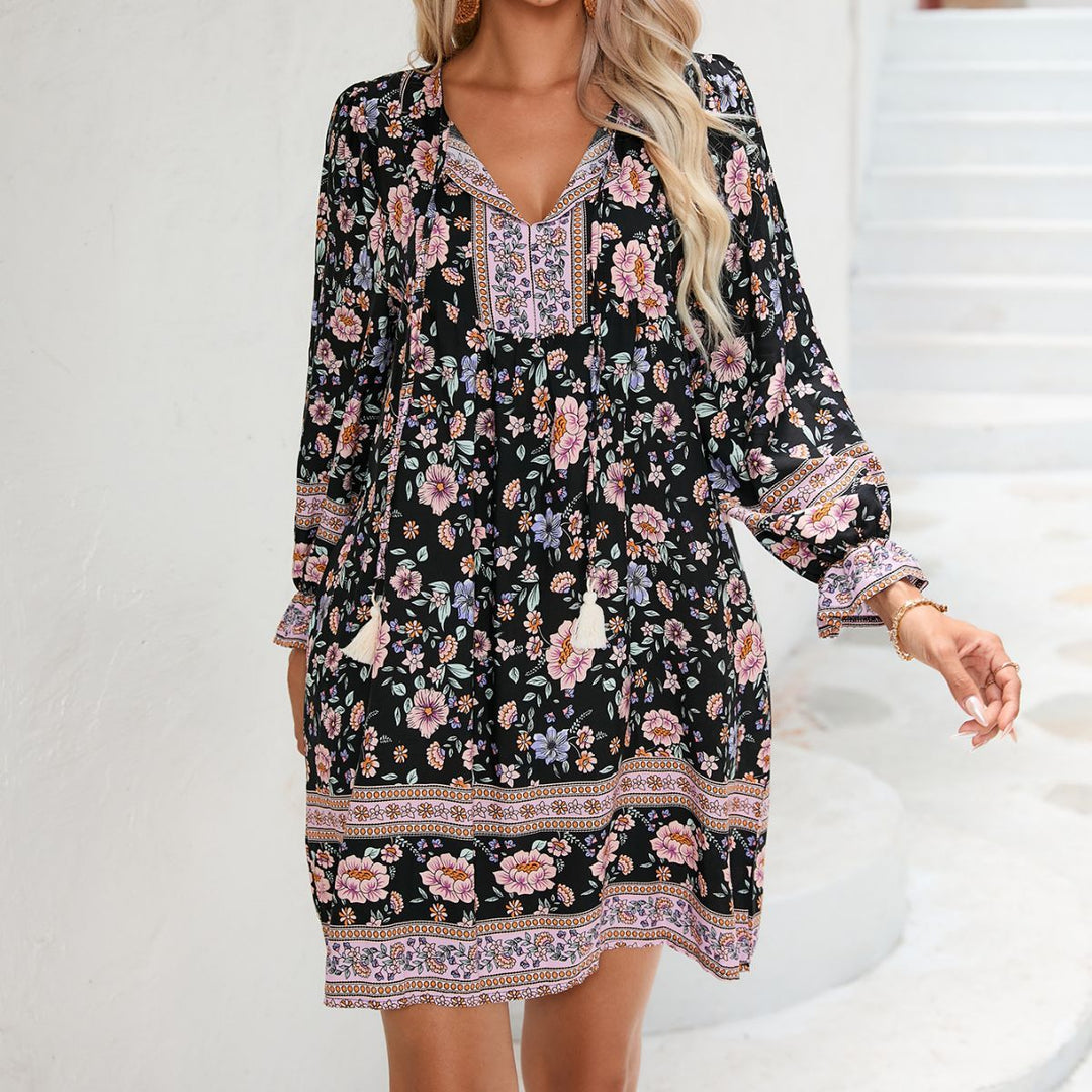 Damen Sommerliches Blumenkleid mit V-Ausschnitt und Raffungen EB