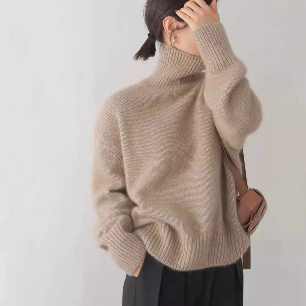 Damen Modernes Strickpullover mit hohem Kragen und Lockere Passform EB