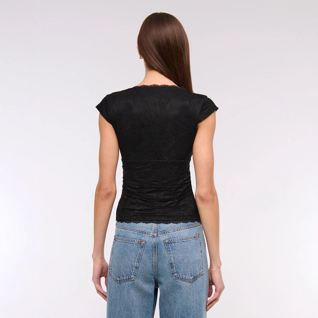 Damen Spitzen-Oberteil mit elegantem V-Ausschnitt und Rüschendetails EB