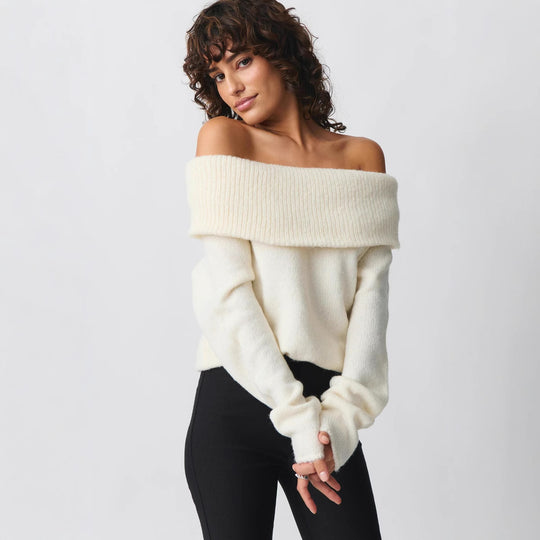 Damen nan Off-Shoulder Grobstrickpullover mit breitem Umschlagkragen und lässiger Oversize-Passform EB