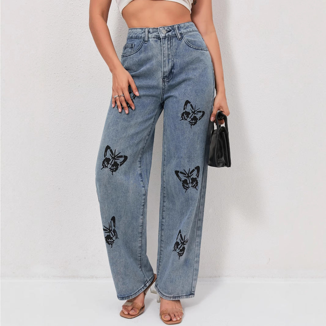 Damen Weite Jeans mit auffälligen Schmetterlings-Prints EB