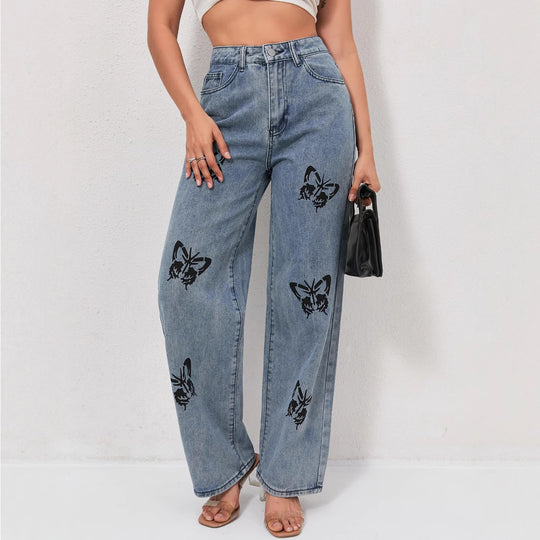 Damen Weite Jeans mit auffälligen Schmetterlings-Prints EB
