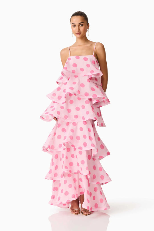 Damen Maxikleid mit verspielten Rüschen und Punkten EB