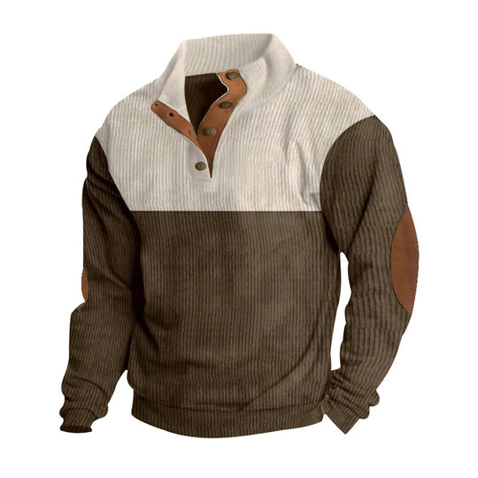 Herren nan Rippenstrickpullover mit Stehkragen Knopfleiste und Leder-Ellbogenpatches EB