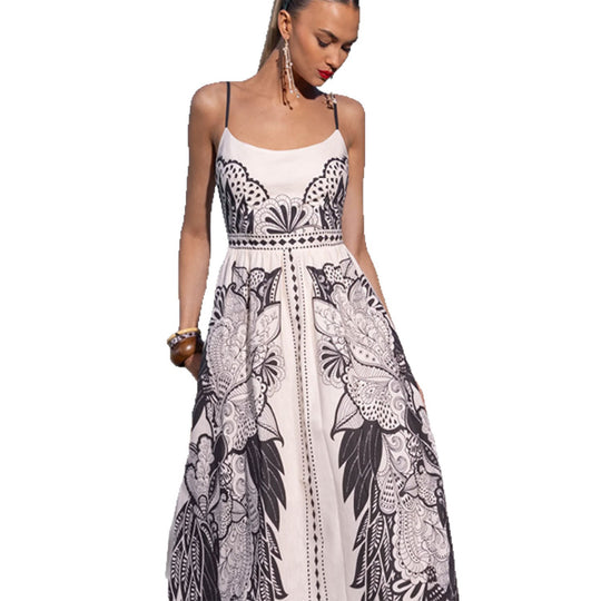 Damen Maxikleid mit feinen Trägern und künstlerischem grafikdruck EB