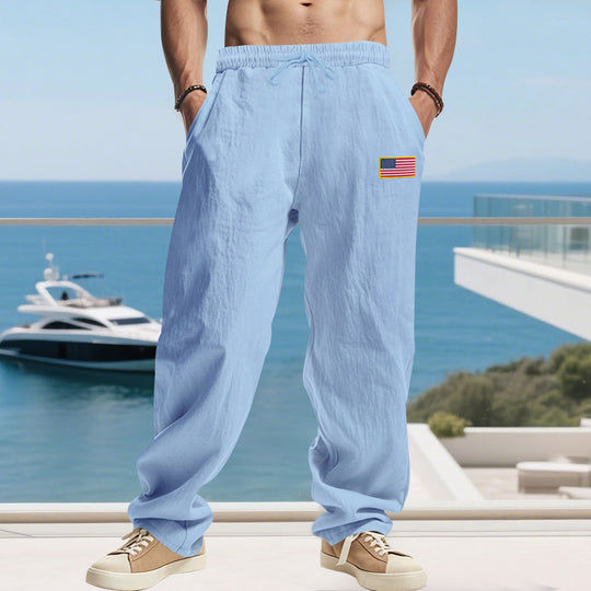 Herren Maritime Relaxed‑Fit Leinenoptik-Freizeithose mit Tunnelzug & Flaggen-Patch EB