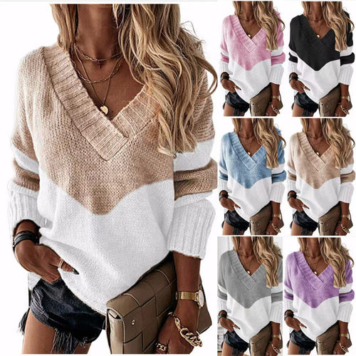 Damen Strickpullover mit V-Ausschnitt und trendigen Farbblockmustern EB