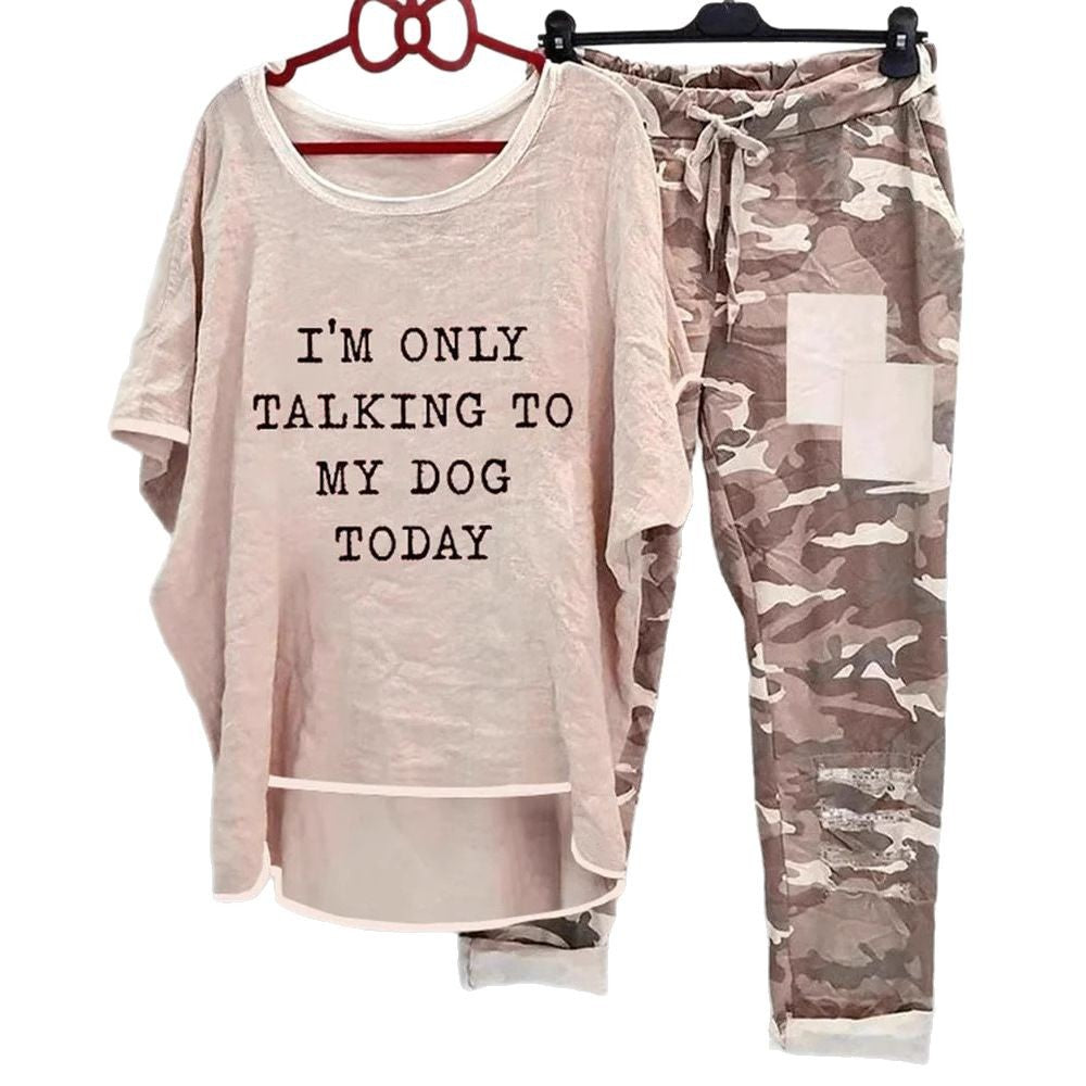 Damen nan weites Freizeit-Set mit Spruchaufdruck, weit geschnittenem Langshirt und Camouflage-Jogginghose EB