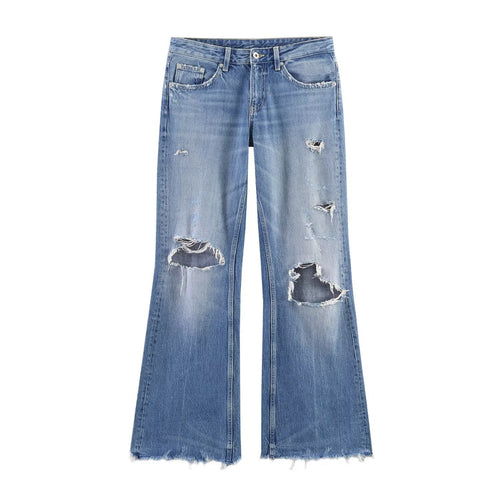 Damen Flared Jeans mit Destroyed-Effekten und Fransenabschlüssen EB
