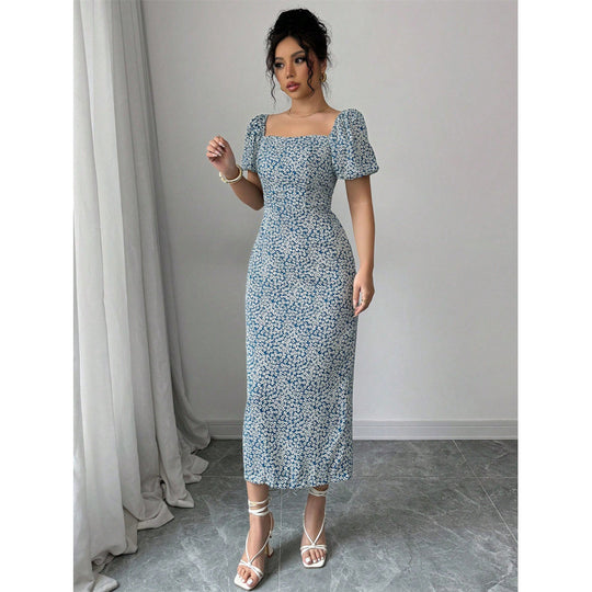 Damen Midikleid mit schulterfreien Puffärmeln und floralem Muster EB