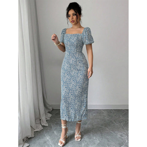 Damen Midikleid mit schulterfreien Puffärmeln und floralem Muster EB