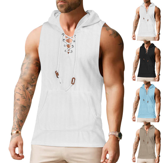 Herren ärmelloses Kapuzenshirt mit modischem Schnürdesign und praktischer Kängurutasche EB