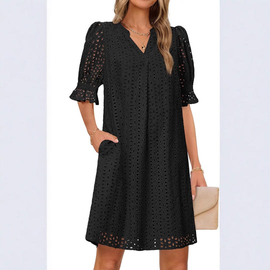 Damen luftiges Blumenkleid mit eleganten Lochdetails EB