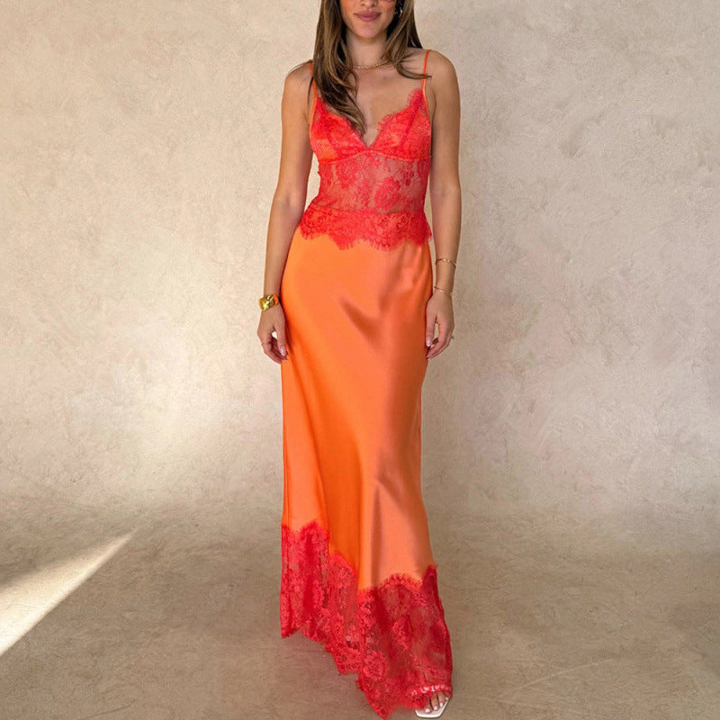 Damen Elegantes Nachtkleid mit transparentem Spitzeneinsatz und verstellbaren Trägern EB