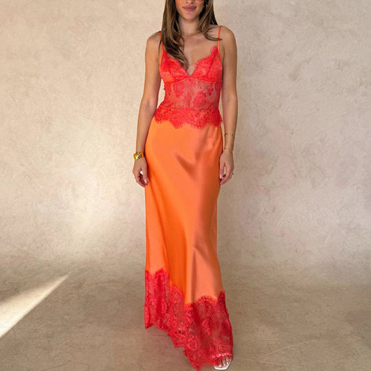 Damen Elegantes Nachtkleid mit transparentem Spitzeneinsatz und verstellbaren Trägern EB