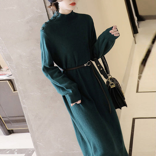 Damen Elegantes Strickmaxikleid mit hochgeschlossenem Kragen und dekorativen Knöpfen EB