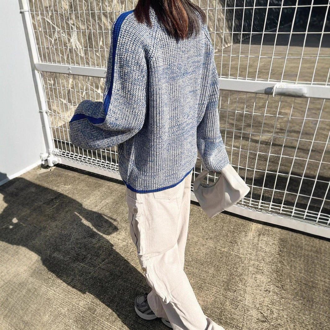 Damen lässiger Pullover mit gestricktem Strukturmuster und farblich abgesetzten Ärmelbündchen EB