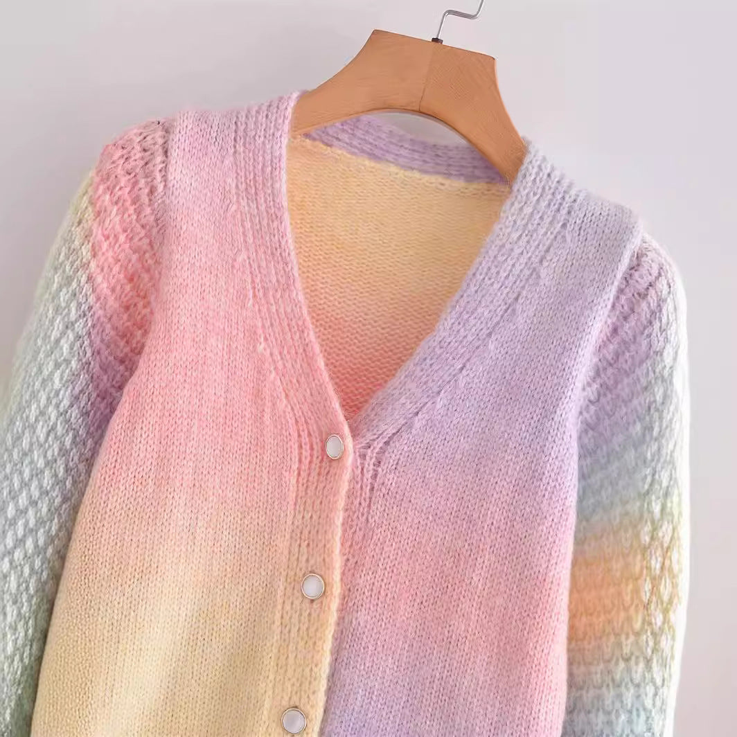 Damen Farbverlauf Strickjacke mit V-Ausschnitt und Knopfleiste EB