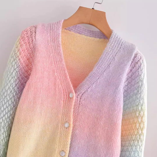 Damen Farbverlauf Strickjacke mit V-Ausschnitt und Knopfleiste EB