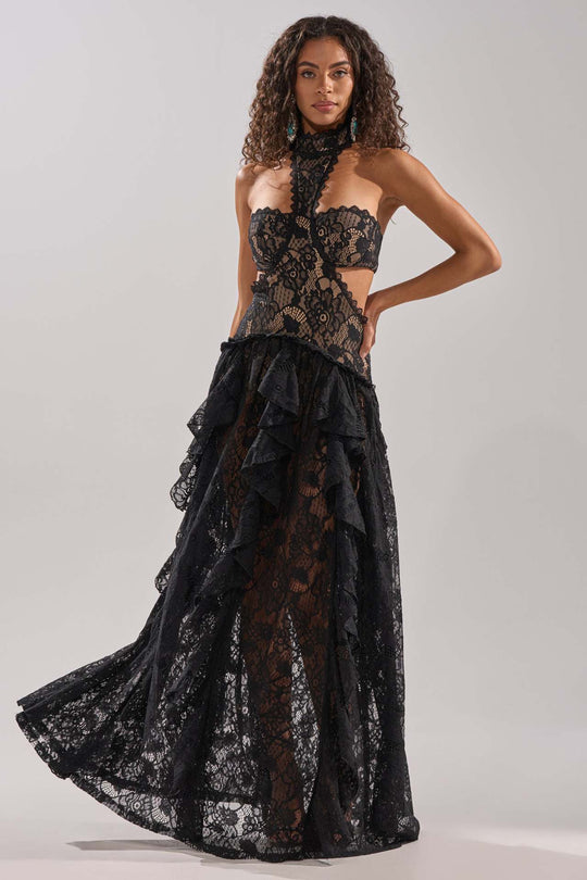 Damen elegante Spitzentraumkleid mit hochgeschlossenem Kragen und fließendem Rock EB