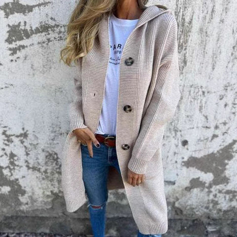 Damen Strickjacke mit Kapuze und dekorativen Knöpfen EB
