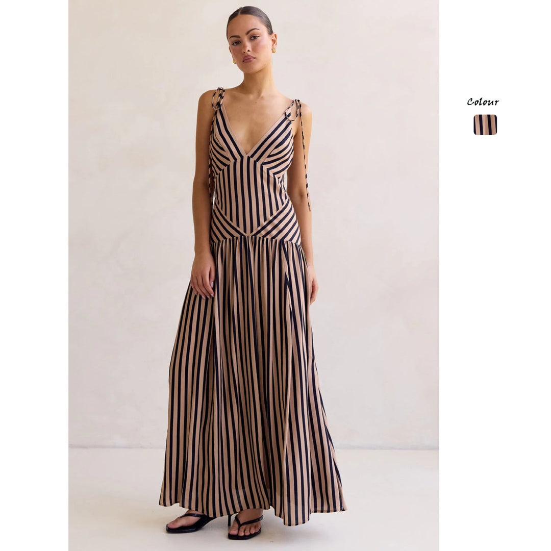 Damen Maxikleid mit tiefem V-Ausschnitt und elegantem Streifendesign EB