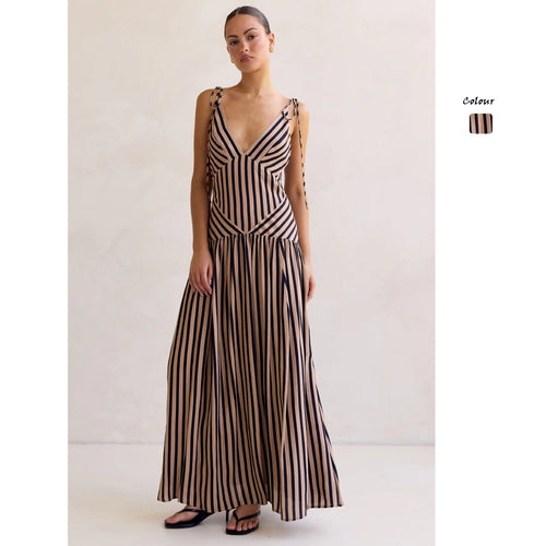 Damen Maxikleid mit tiefem V-Ausschnitt und elegantem Streifendesign EB