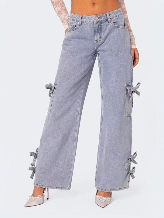 Damen lässige Cargo-Jeans mit stylischem Schleifen-Detail EB