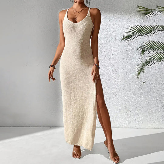 Damen figurbetontes Sommermaxikleid mit aufregendem Seitenschlitz EB