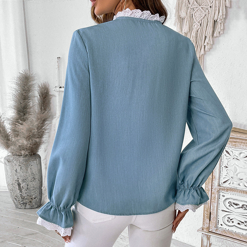 Damen Romantische Bluse mit Häkelspitzen-Besatz und Ballonärmeln EB