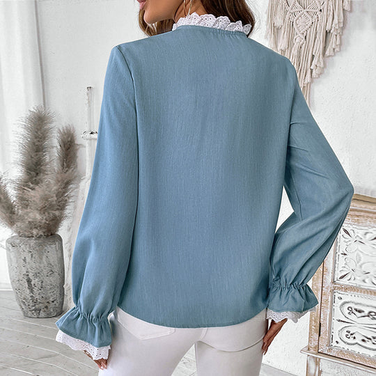 Damen Romantische Bluse mit Häkelspitzen-Besatz und Ballonärmeln EB