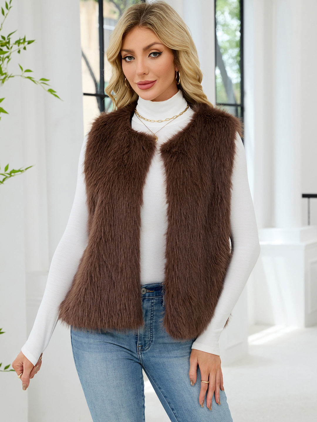Damen Flauschige Kunstpelzweste mit voluminösem Kragen EB