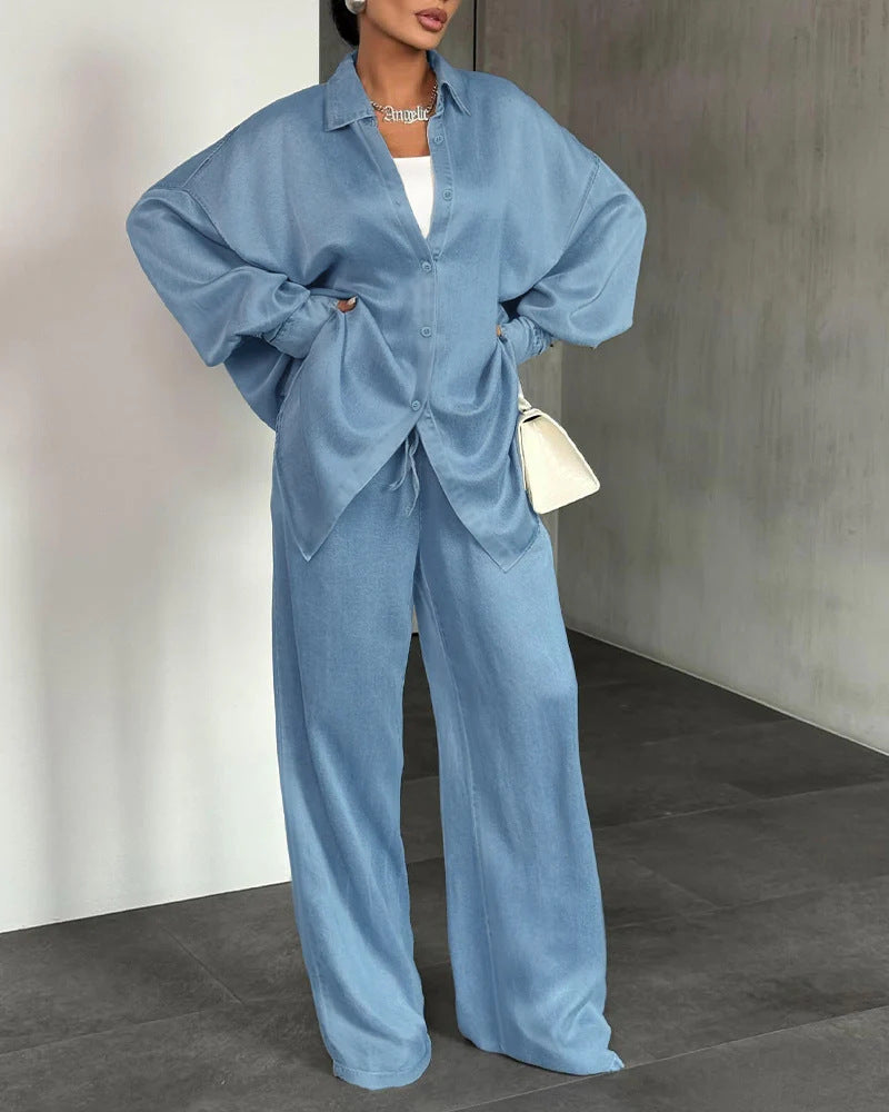 Damen Zweiteiliges Oversize-Hemd- und Palazzo-Set im fließenden Denim-Look EB