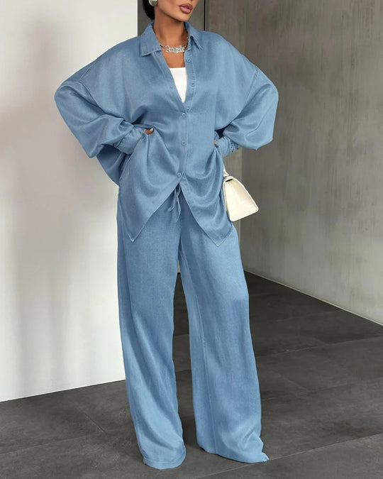 Damen Zweiteiliges Oversize-Hemd- und Palazzo-Set im fließenden Denim-Look EB