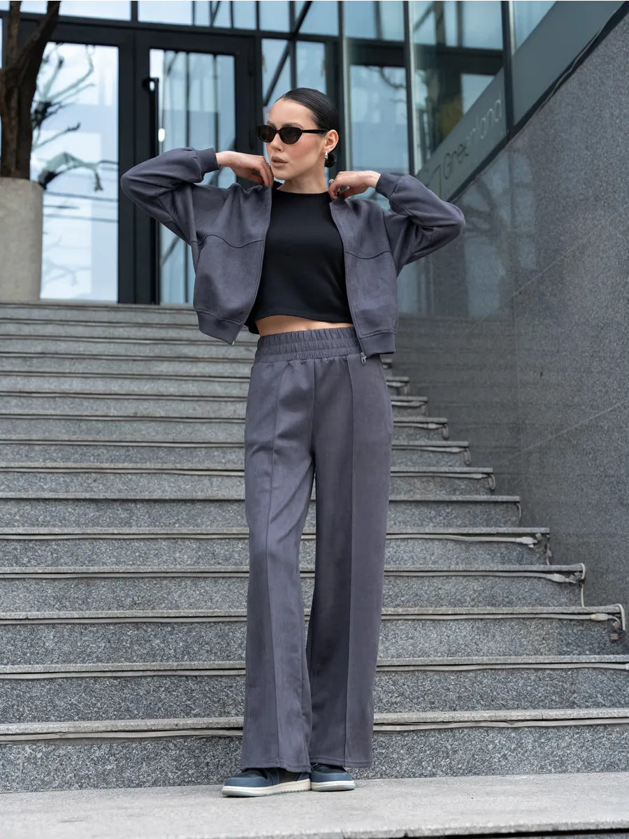 Damen nan zweiteiliges Velours-Loungewear-Set mit kurzem Zip-Hoodie und weiter Highwaist-Hose EB