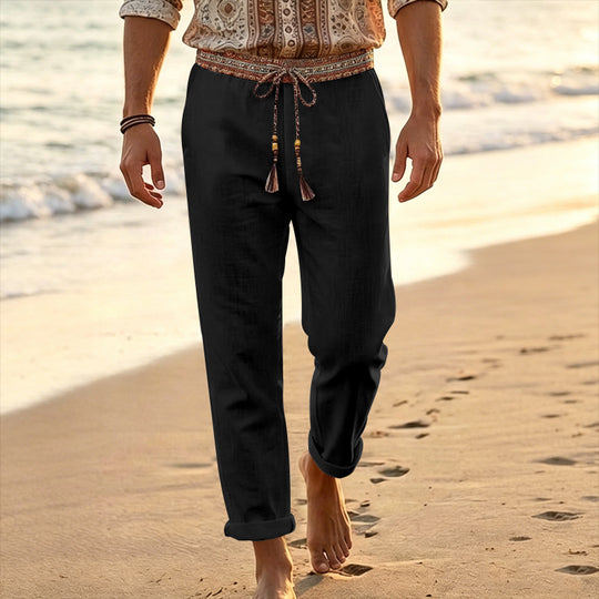 Herren nan maritime Leinen-Loungehose mit dekorativem Ethno-Bund, elastischem Tunnelzug und geradem Bein EB