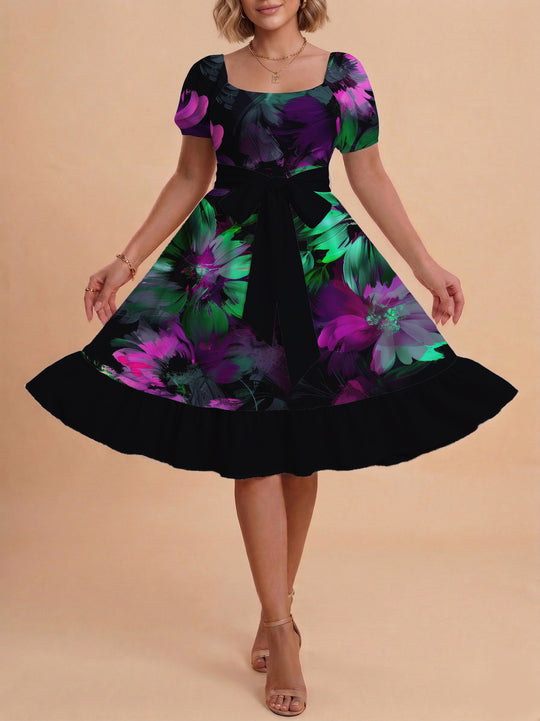 Damen Sommerkleid mit floralem Puffärmel und taillierbarem Gürtel EB