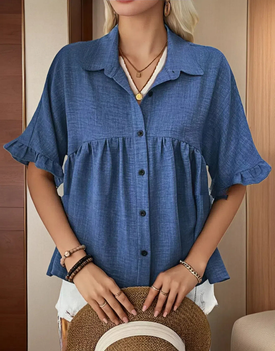 Damen Fließendes Kurzarmblusenshirt mit Rüschendetails EB