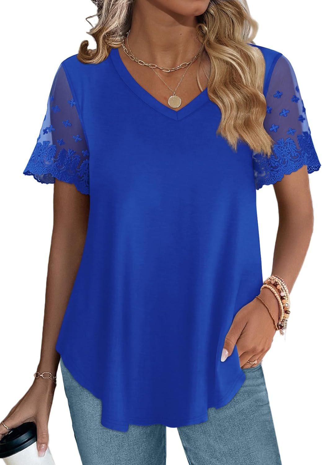 Damen Bluse mit eleganten Spitzenärmeln und V-Ausschnitt EB