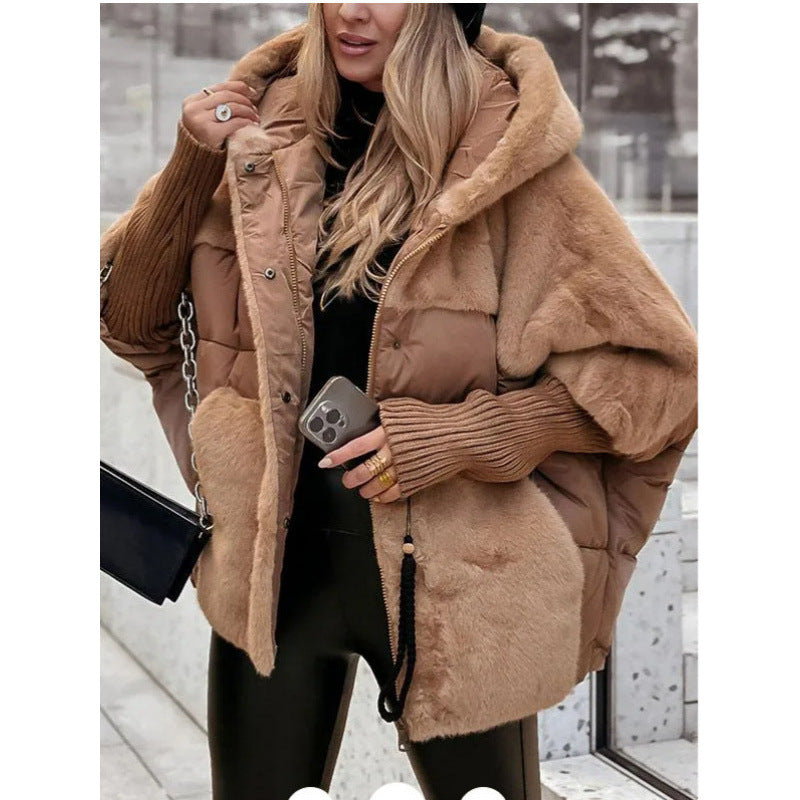 Damen nan gesteppte Kurzjacke mit Teddyfell-Einsätzen, Kapuze und integrierten Rippbündchen EB