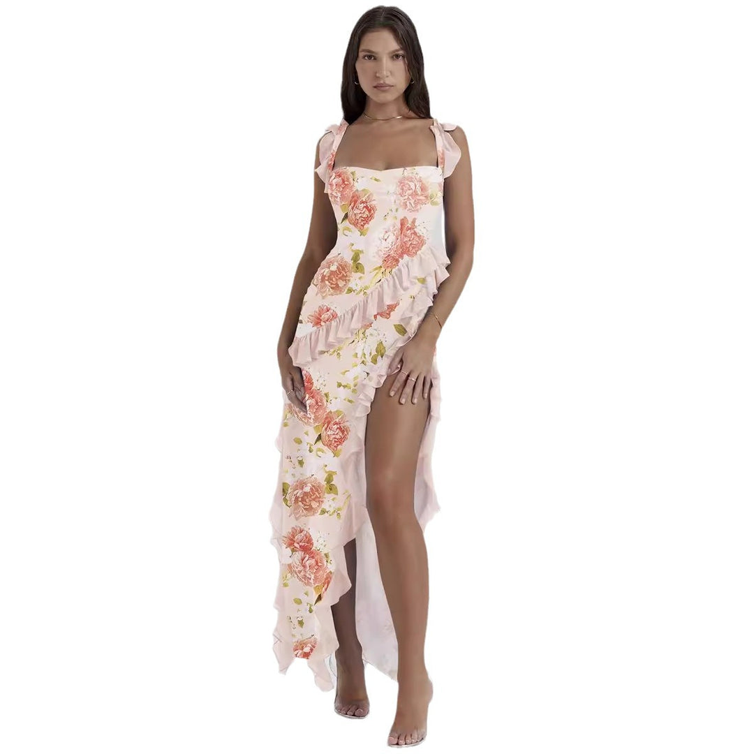Damen Maxi-Kleid mit Rüschendetails und floralem Design EB