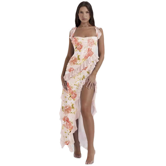 Damen Maxi-Kleid mit Rüschendetails und floralem Design EB