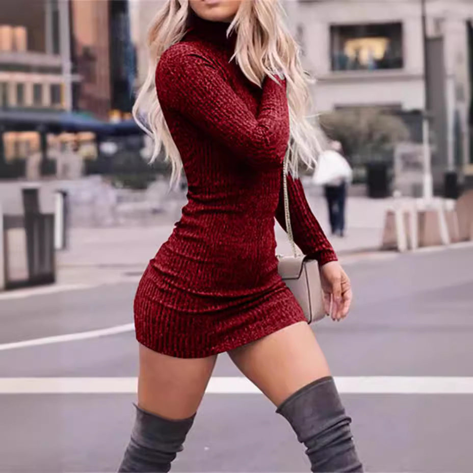 Damen nan figurbetontes gestricktes Rollkragen-Minikleid mit Rippstruktur EB