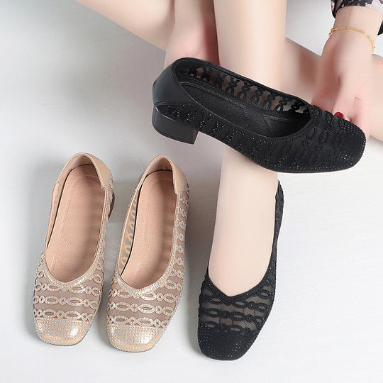 Damen Dekorative Ballerinas mit Strassverzierung und bequemen Blockabsatz EB