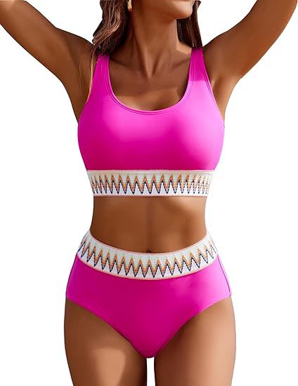Damen Hochgeschnittener Sport-Bikini mit farbigem Bund EB