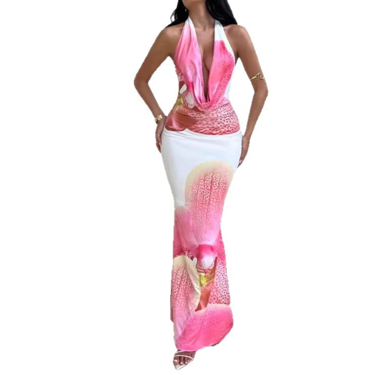 Damen Maxikleid mit tiefem V-Ausschnitt und floralem Drapierungsdesign EB