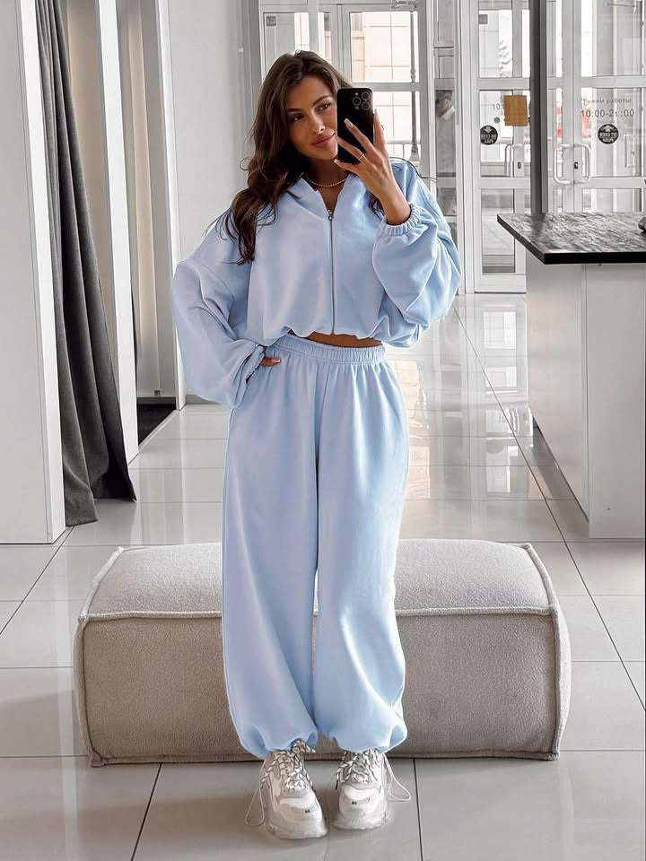 Damen nan oversized Kapuzenjacke mit durchgehendem Reißverschluss und Highwaist Gummibund-Jogginghose Set EB