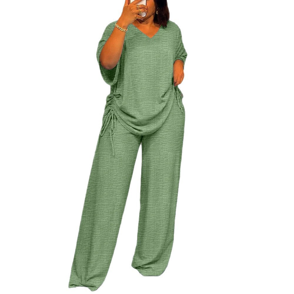 Damen Oversize-Lounge-Set mit V-Ausschnitt, seitlicher Raffung und weiter Palazzohose EB